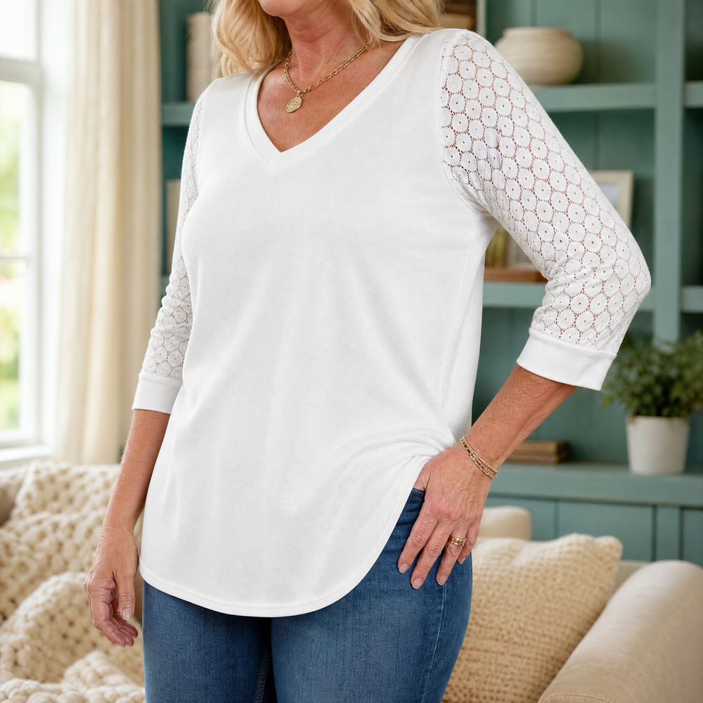 Crochet Lace Sleeve V-Neck Top — View 2 | Clova