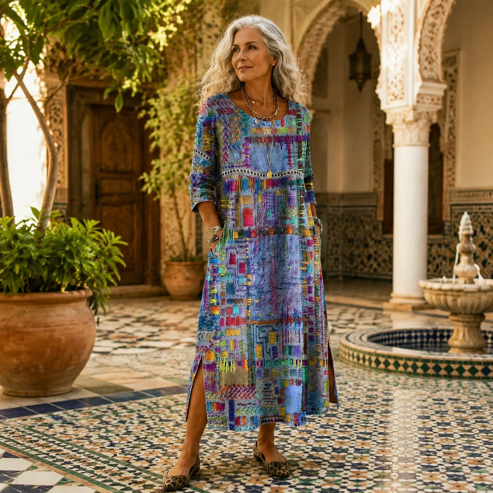 Painterly Patchwork Midi Dress | Clova Women's Fashion