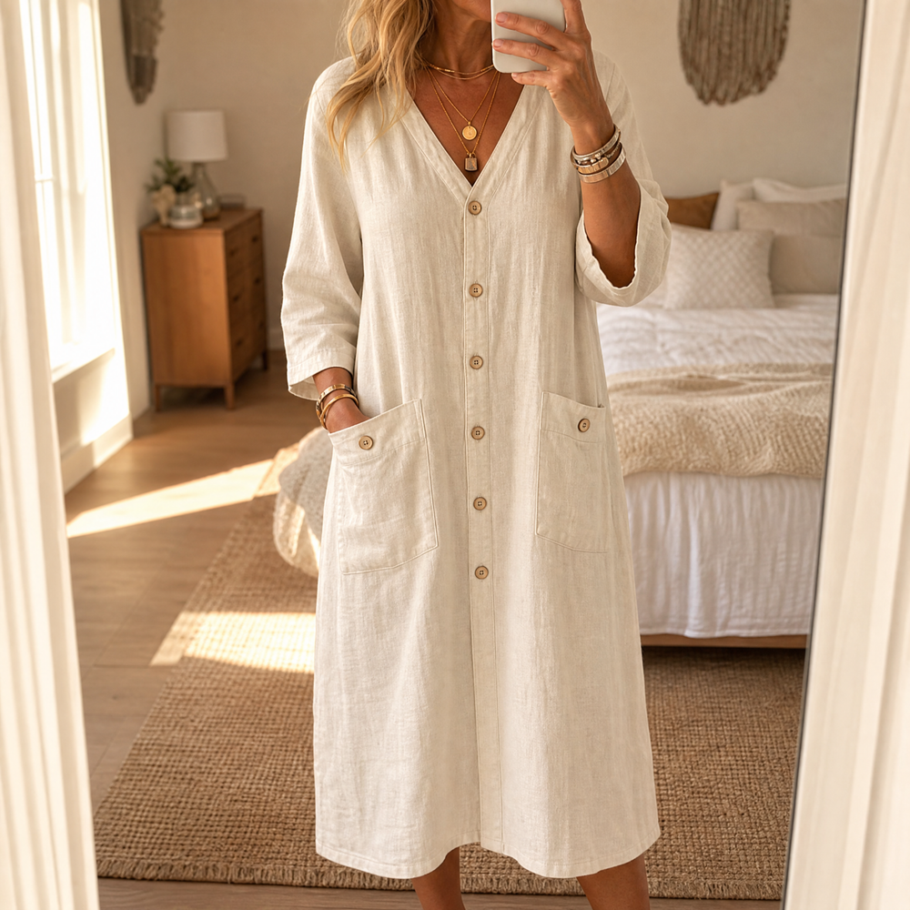 Button-Front Midi Dress — View 2 | Clova