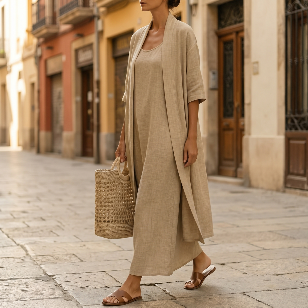 Lunavia Linen Cotton Two Piece Set with Duster — View 2 | Clova