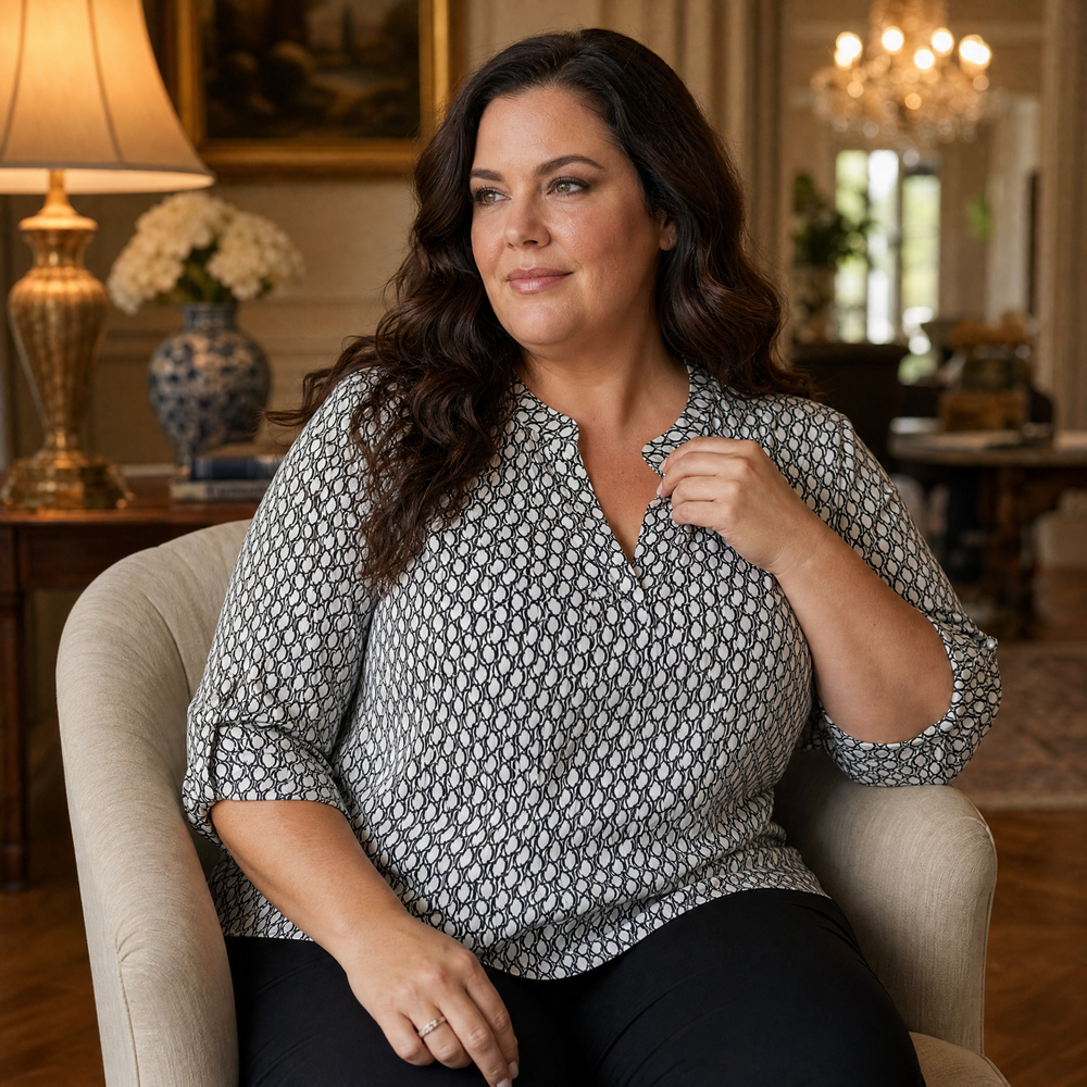 Lunavia Geometric V-Neck Blouse with Roll-Tab Sleeves — View 2 | Clova