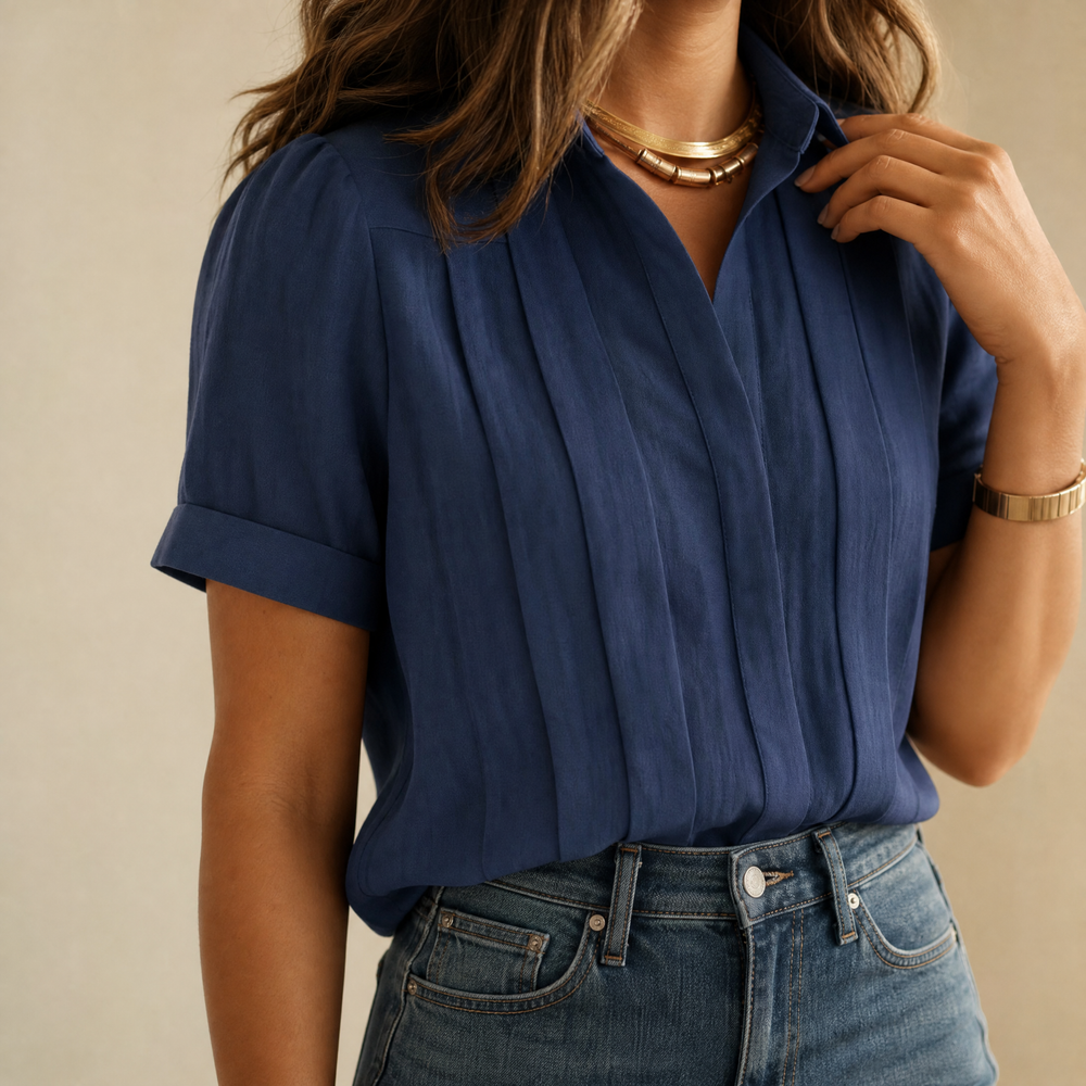 Pleated Short-Sleeve Blouse — View 2 | Clova