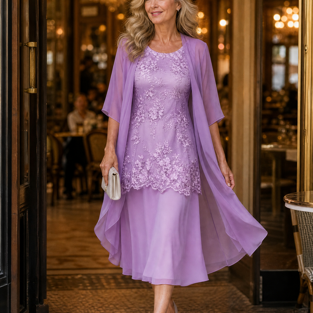 Lunavia Floral Lace Dress Set with Chiffon Shawl | Clova Women's Fashion
