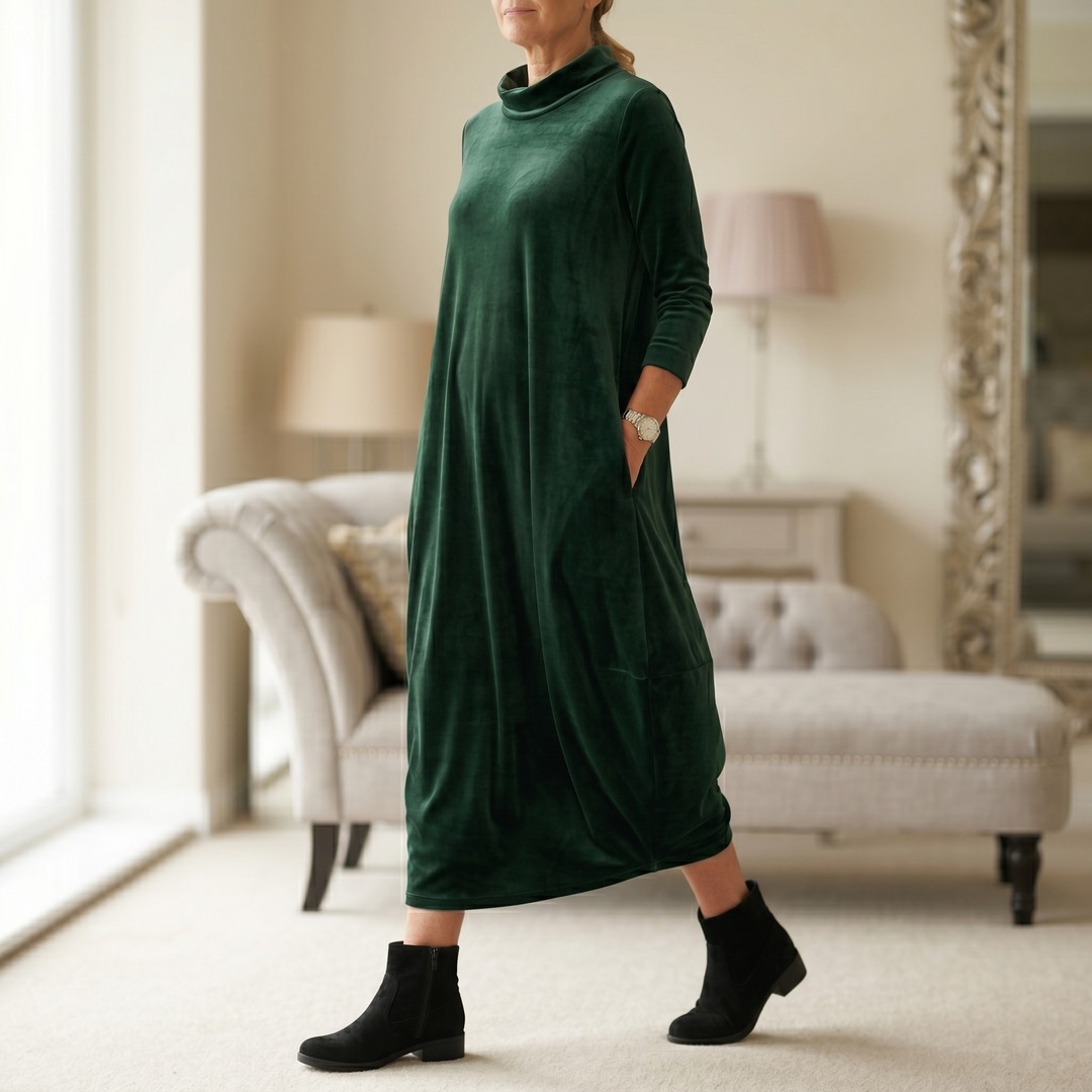 Velvet Cocoon Midi Dress with Hidden Pockets | Clova Women's Fashion