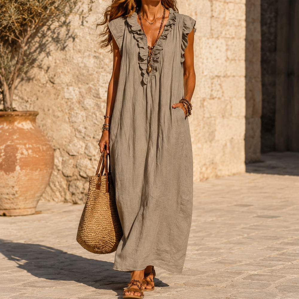 Ruffle-V Midi Dress with Pockets — View 2 | Clova