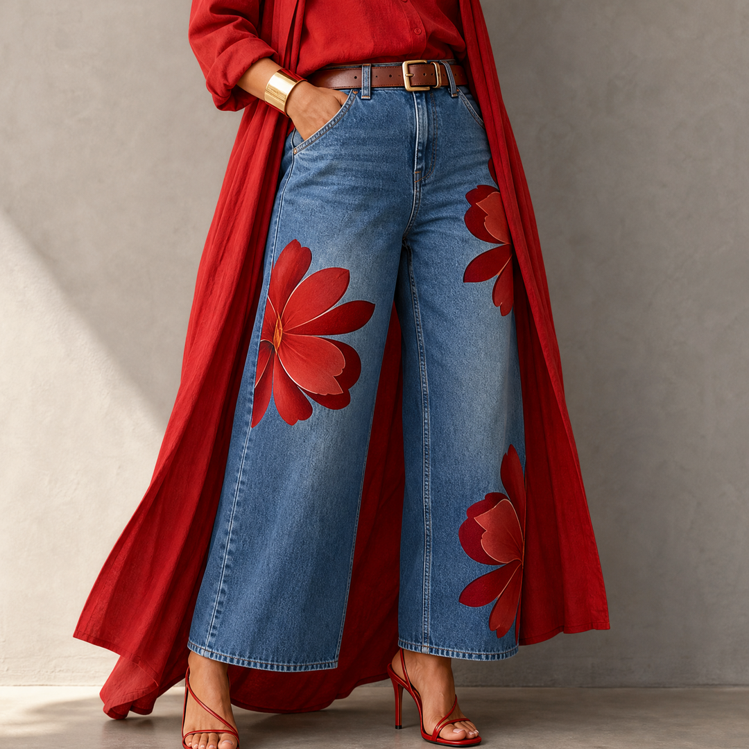 Bold Floral Wide Leg Jeans | Clova Women's Fashion