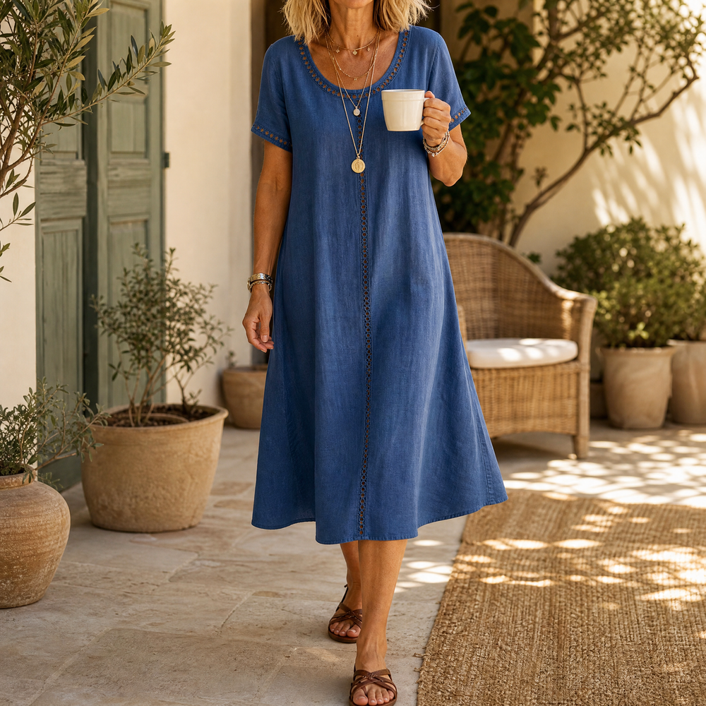 Lunavia Eyelet Trim Linen Midi Dress for Effortless Summer Style — View 2 | Clova
