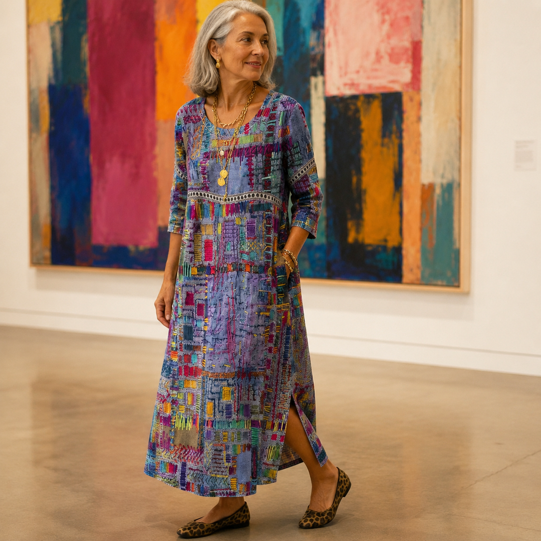 Painterly Patchwork Midi Dress — View 3 | Clova