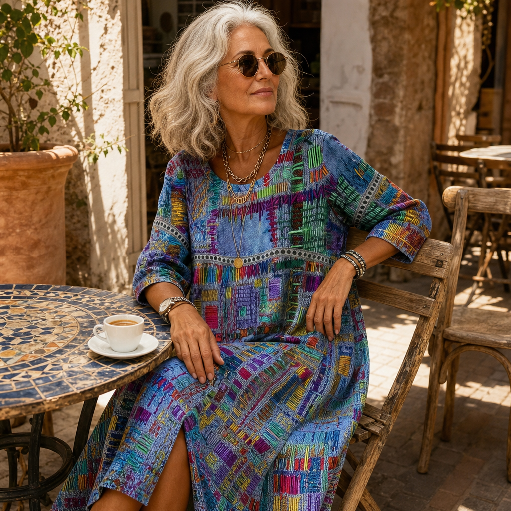 Painterly Patchwork Midi Dress — View 4 | Clova