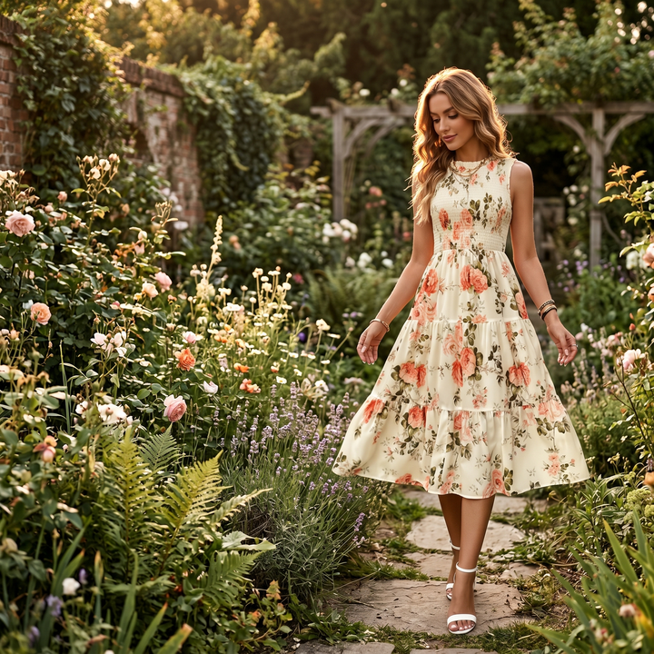 Smocked Floral Midi Dress — View 4 | Clova