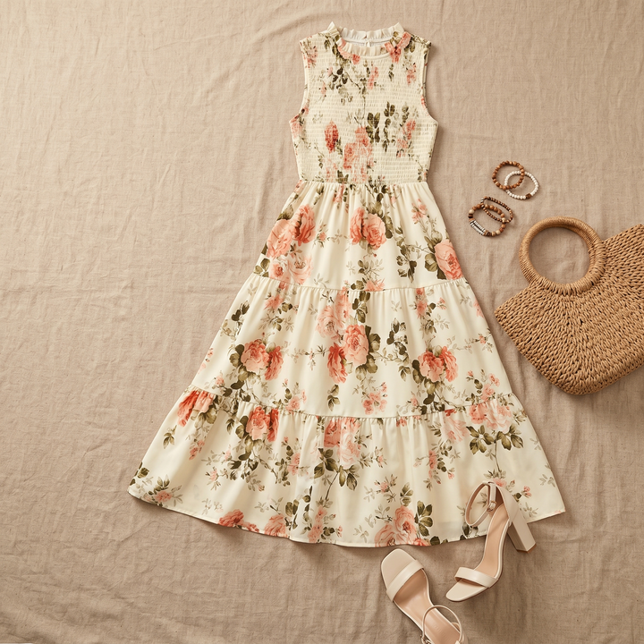 Smocked Floral Midi Dress — View 5 | Clova
