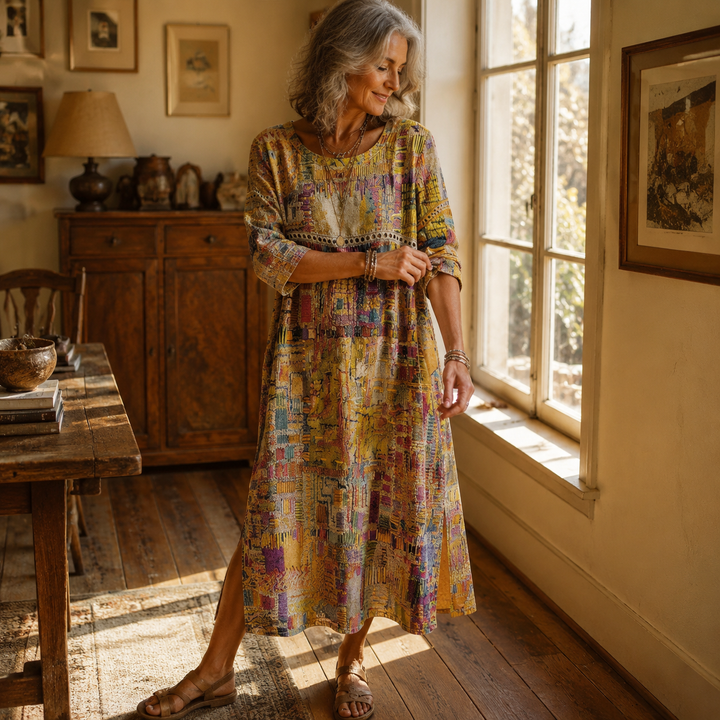 Painterly Patchwork Midi Dress — View 5 | Clova