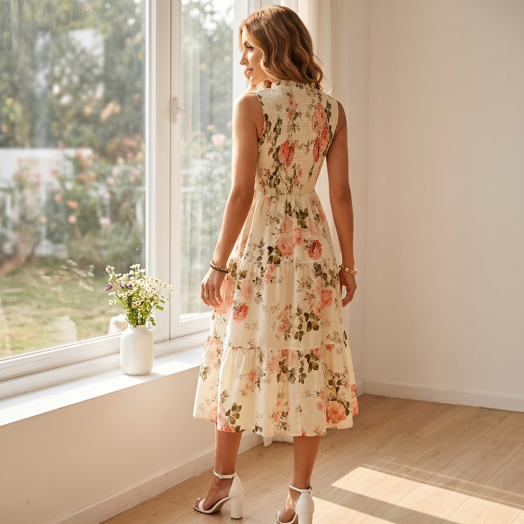 Smocked Floral Midi Dress — View 6 | Clova