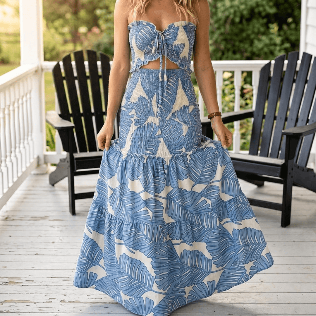Palm-Print Strapless Maxi Dress | Clova Women's Fashion