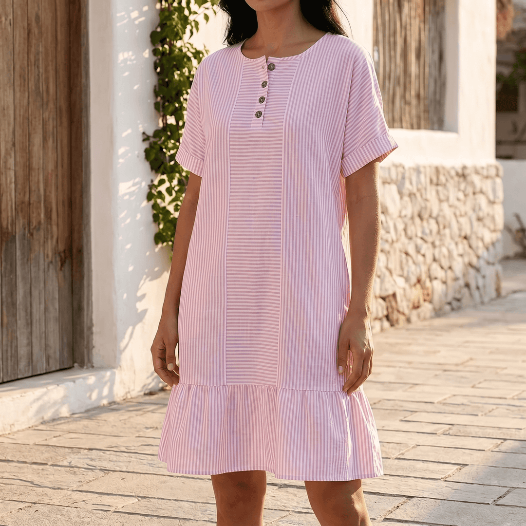 Striped Button-Placket Mini Dress with Pockets | Clova Women's Fashion