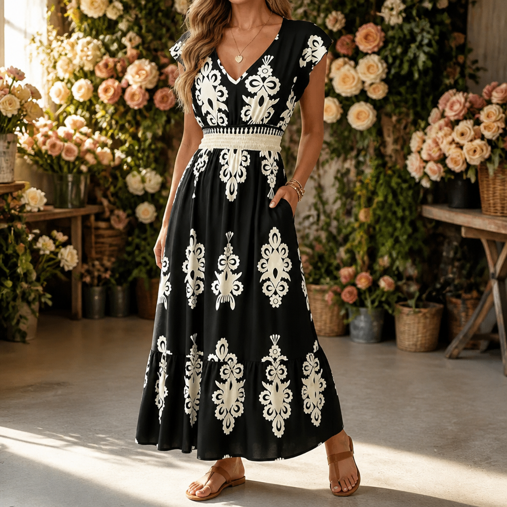 Damask Print Midi Dress with V-Neck | Clova Women's Fashion