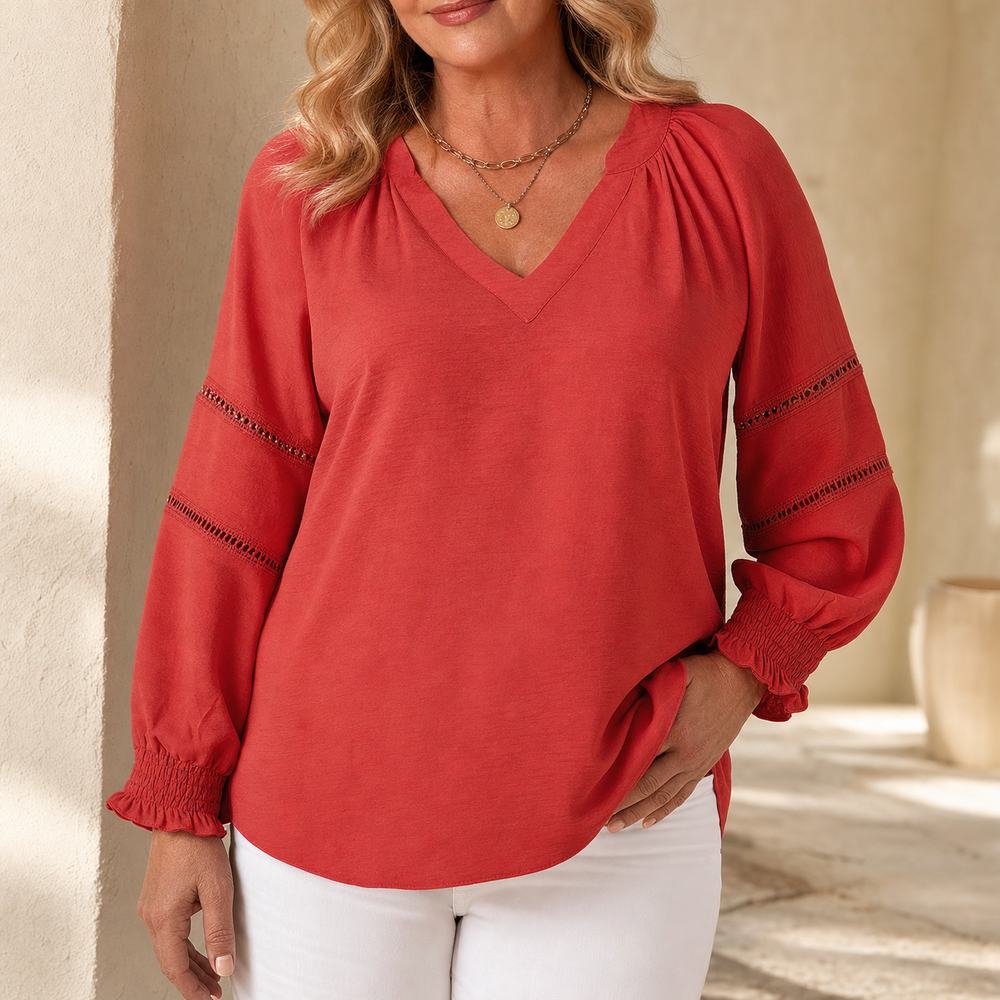 Lantern Sleeve V-Neck Blouse — View 2 | Clova