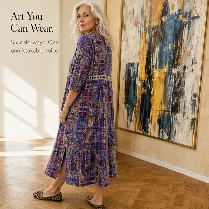 Painterly Patchwork Midi Dress — View 10 | Clova